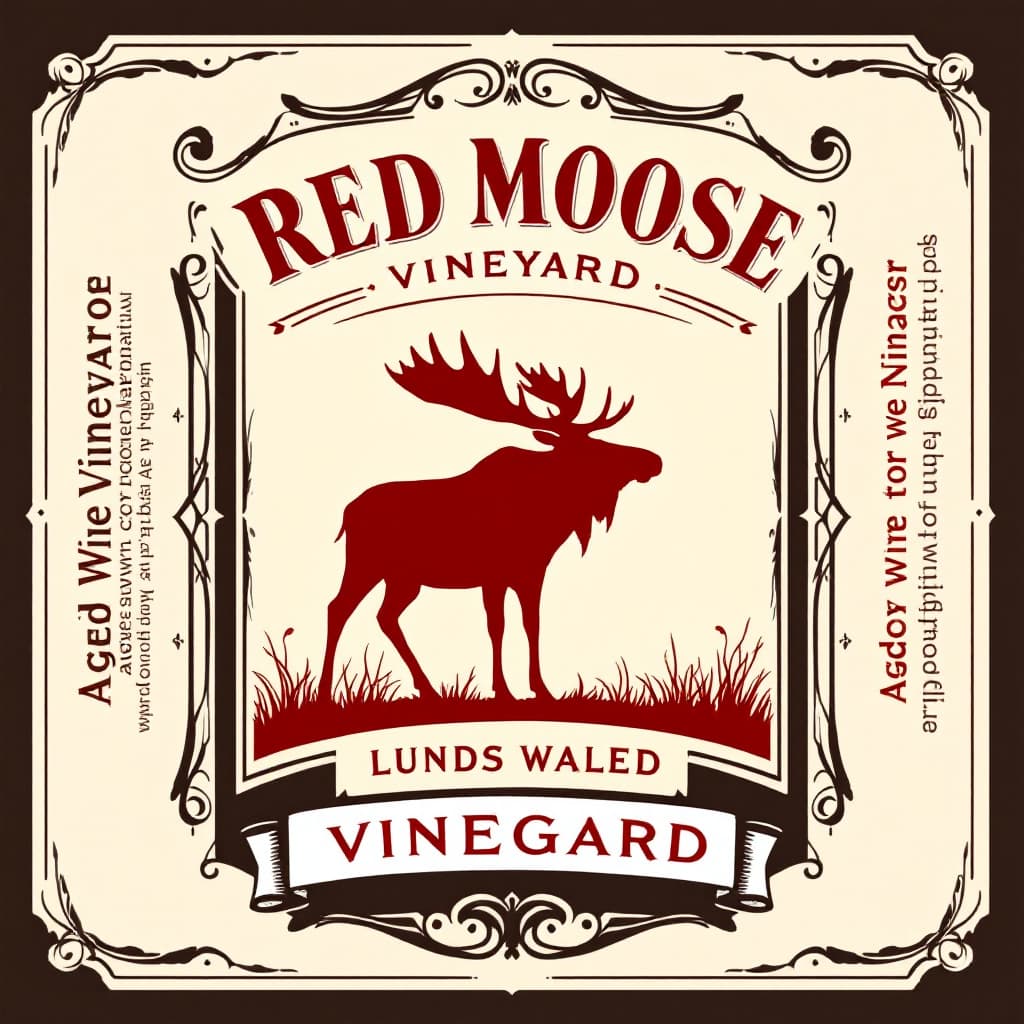 AI generated: Complete design of aged wine vinegar label for the brand "Red Moose Vineyard" with stylized, silhoue...