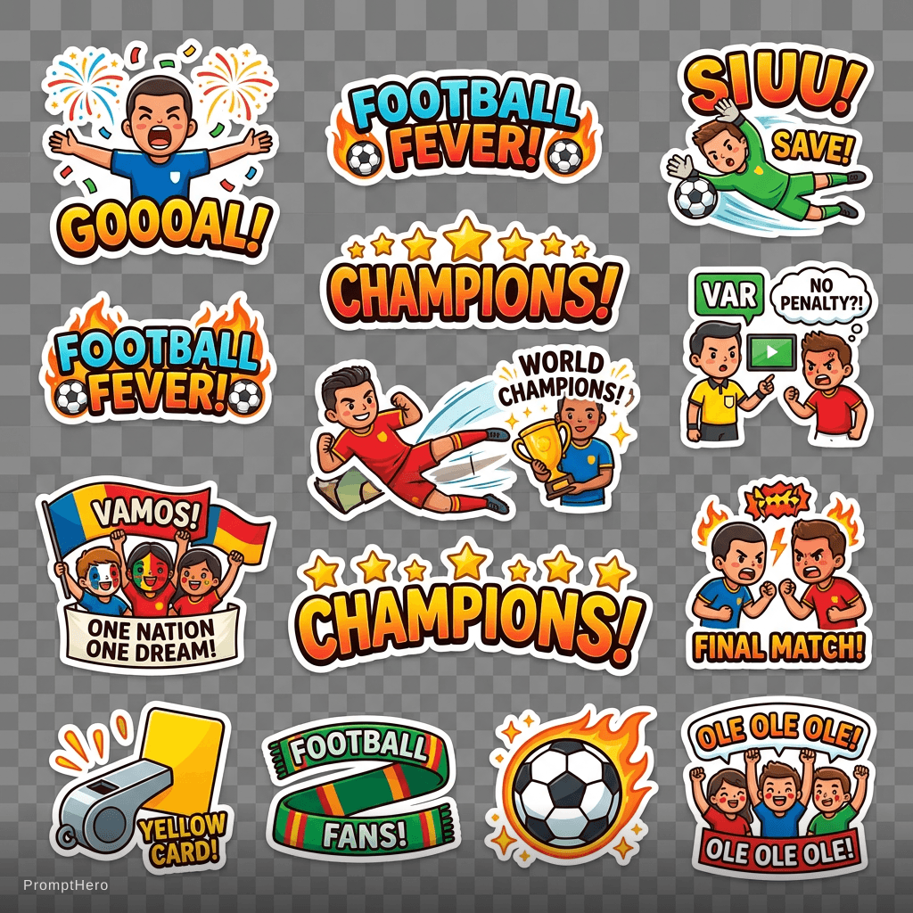 AI generated: dramatic goals, penalty kicks, goalkeeper dives, trophy celebrations, fans waving national flags, st...