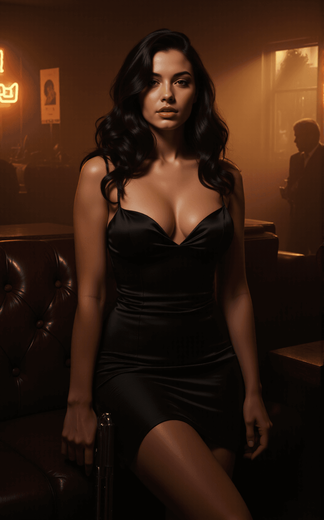 AI generated: In a dimly lit jazz bar heavy with smoke and shadows, a femme noir figure emerges as the undeniable ...