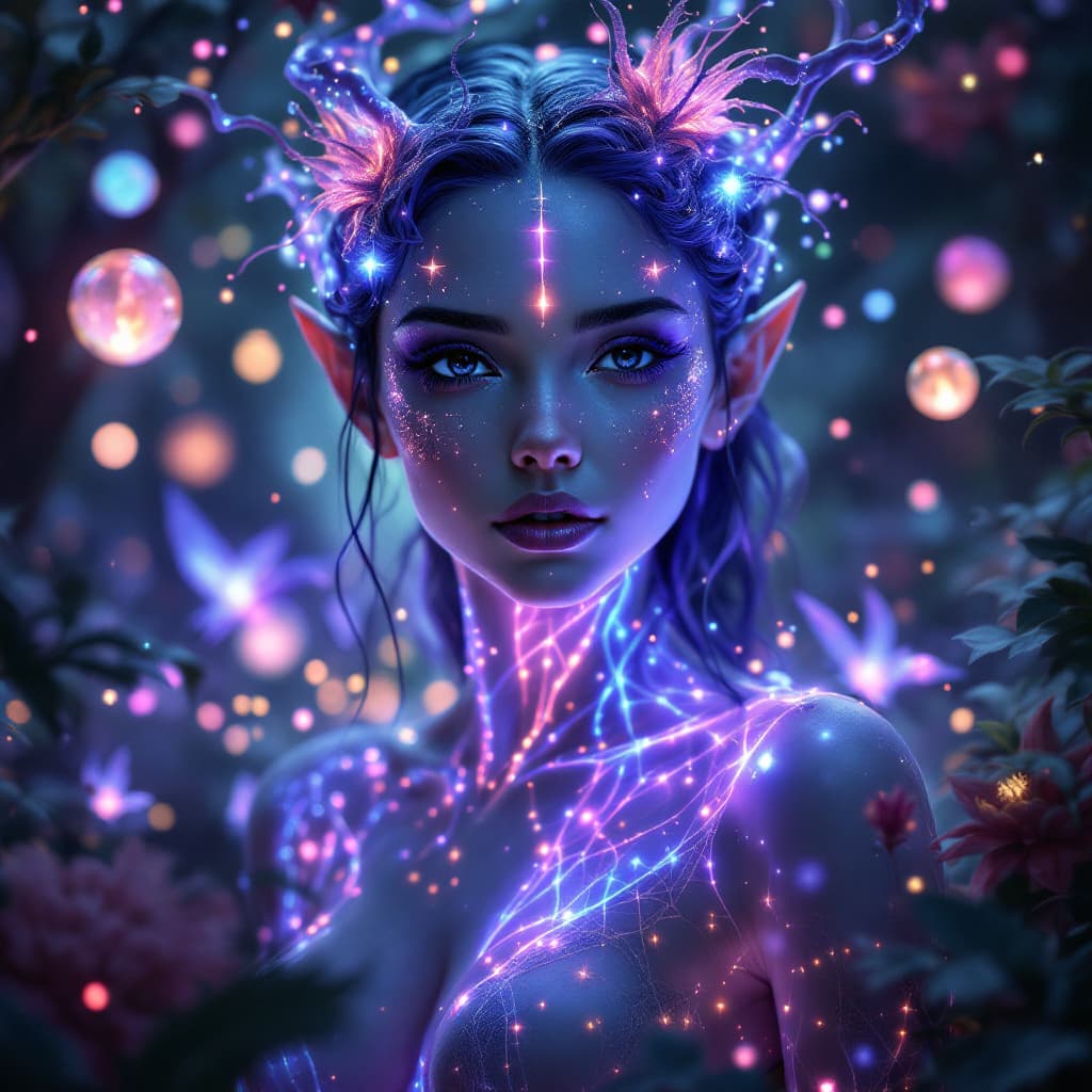 AI generated: Surreal 4k painting of a beautiful elf princess with expressive black eyes and cosmic features. Her ...
