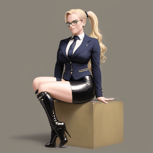 AI generated: a blonde dominatrix with ponytail and glasses in equestrian attire wearing high heel
