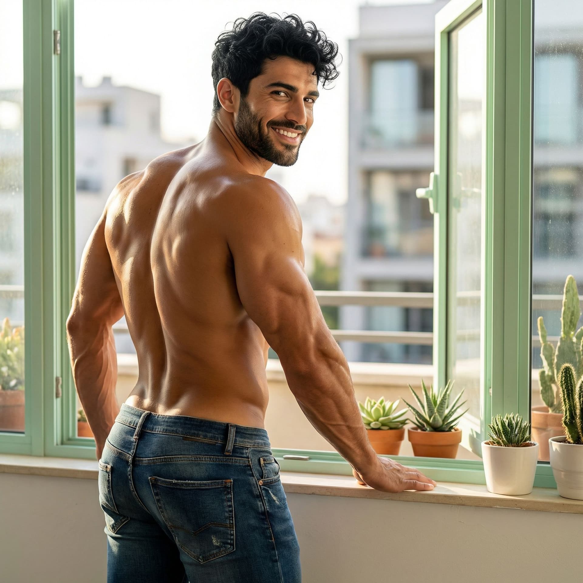 AI generated: Un homme ultra-athlétique et musclé, la trentaine, torse nu, pose de trois-quarts dos tourné vers la...