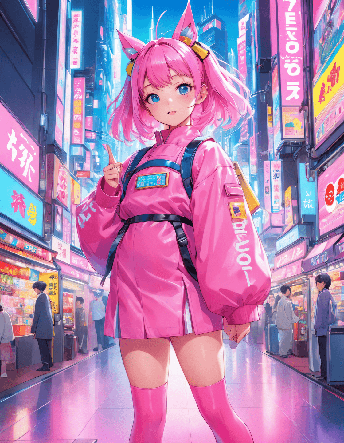 AI generated: Neotokyo Vibrant neon Tokyo street A teenage Boy, Pink and blue hues, crowded shops, retro cabs, man...