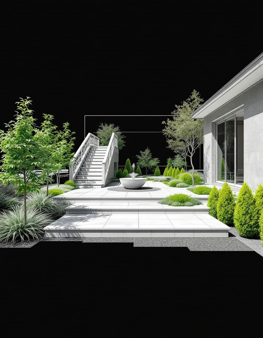 AI generated: “A 3D wireframe-style visualization, similar to Revit renderings, of a residential courtyard with a ...