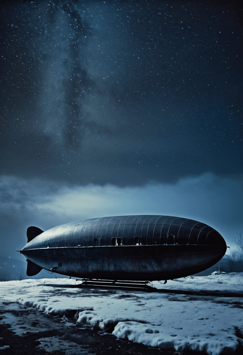 AI generated: dark art by Greg Rutkowski and (Gregory Crewdson:1.2) , Oil painting, Tired frozen zeppelin, Sardini...