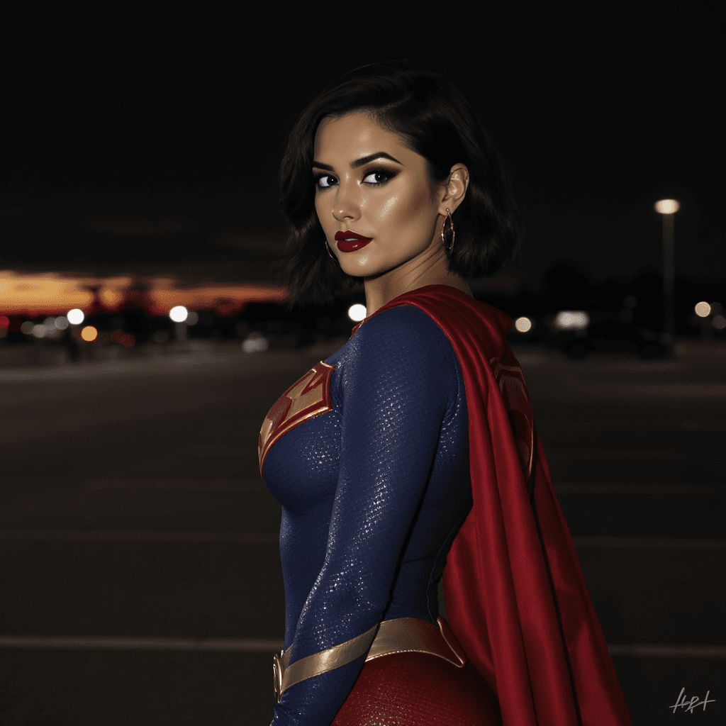 AI generated: photo of supergirl in a supergirl costume with a red cape on her back, black hair, short hair, tan s...