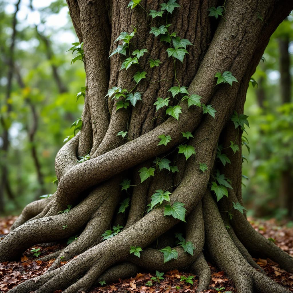 AI generated: At first glance this image shows a tree trunk with ivy growing around it. The thick, twisted Ivy vin...