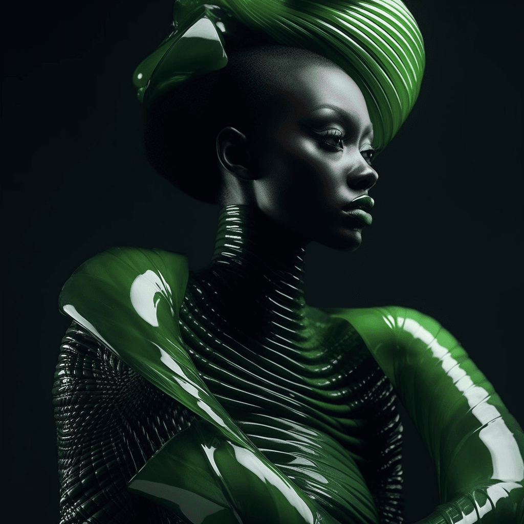 AI generated: Serious black female model, looking diagonally, dressed in extravagant and vanguardist clothing, pla...