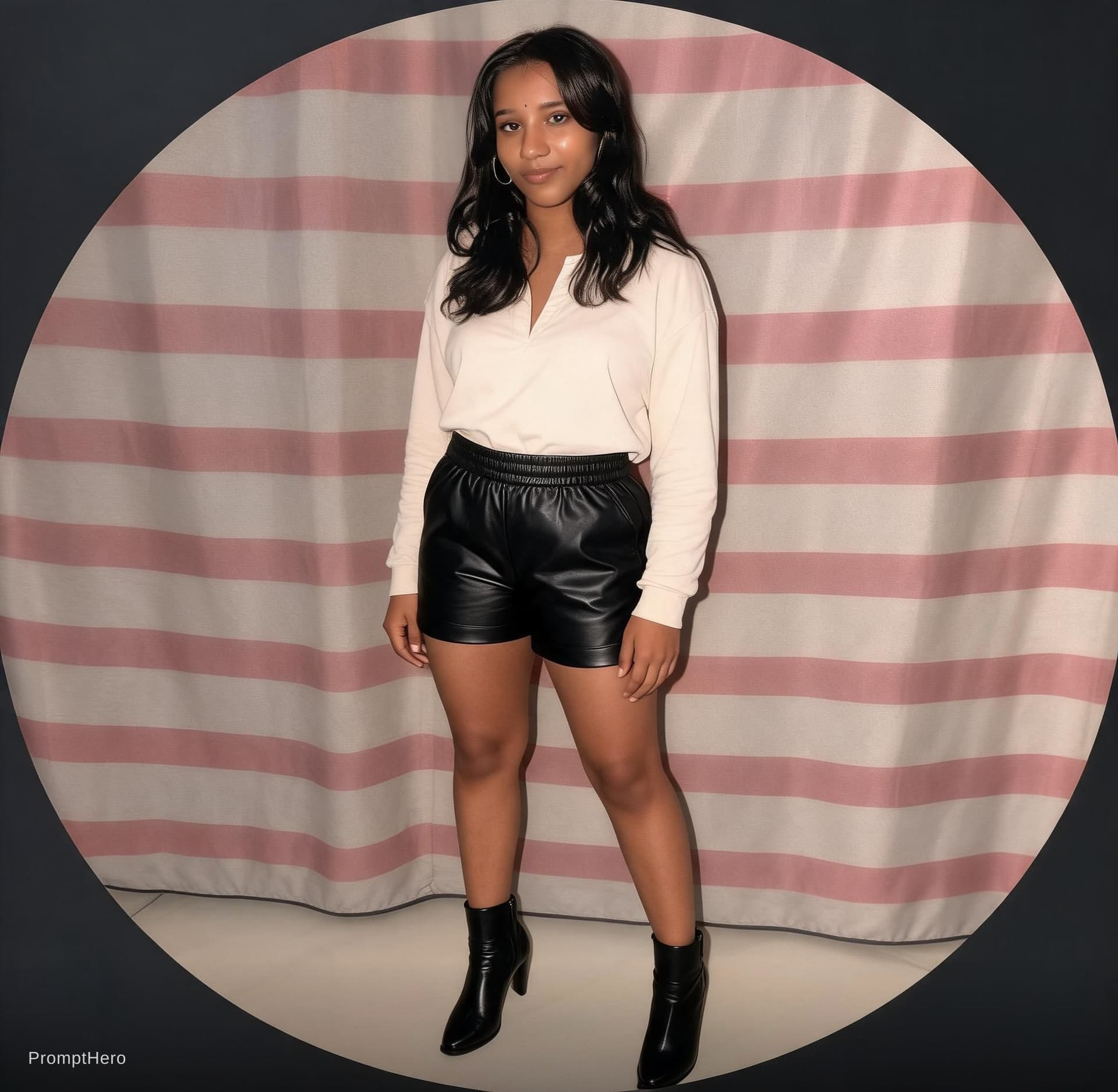 AI generated: full frontal lady, short leather mini-skirt outfit, high heel boots
