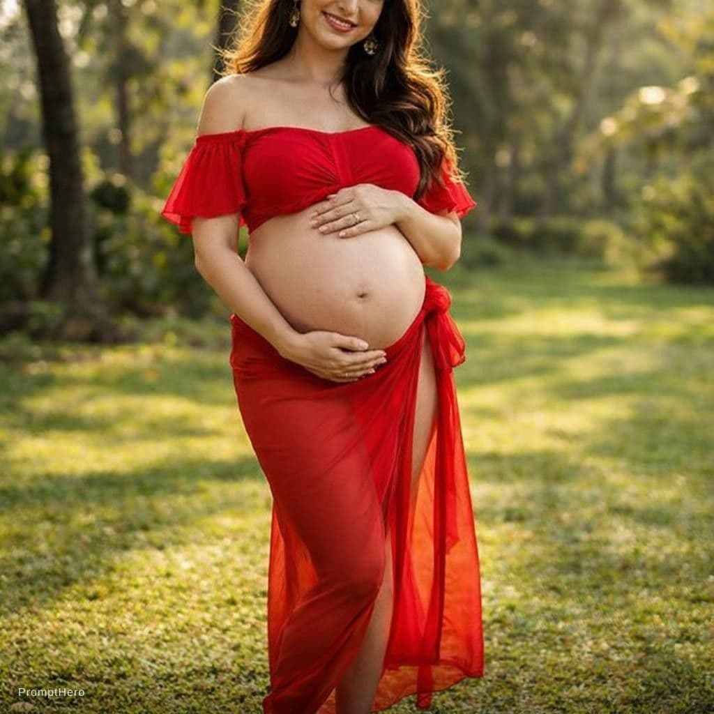 AI generated: (portrait of a smiling pregnant woman in a vibrant red bikini, standing barefoot on sunlit grass)