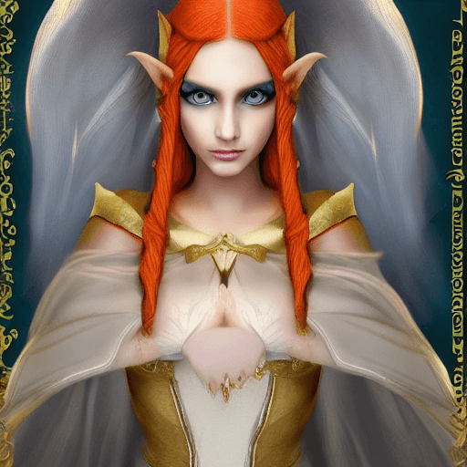 AI generated: Ultra HD, full body portrait in a hyper-realistic fantasy style of a female elf.  The elf has fiery ...