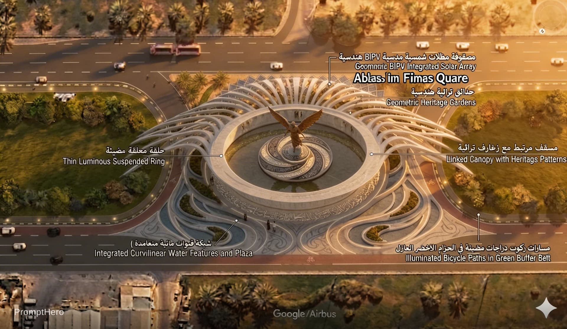 AI generated: subject abbas ibn Firnas Square
)detalies & materials concrete 
style modern 
environment $lighting ...