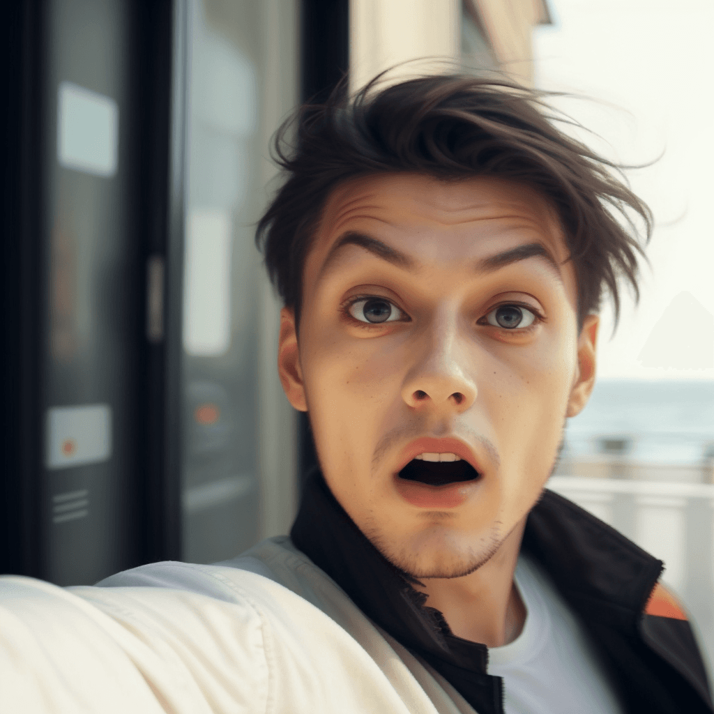 AI generated: a man pointing backwards with his finger, eyes at camera ,back photo selfie, eyes at camera,panic sc...