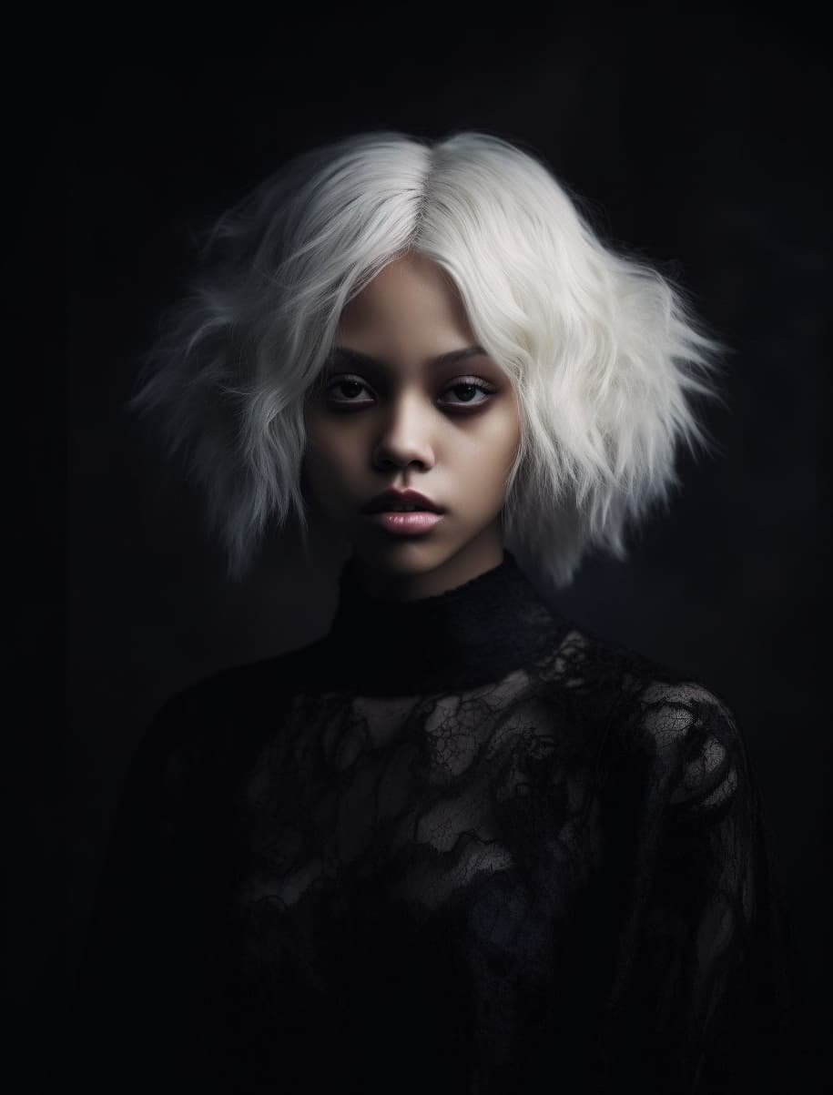 AI generated: hair, sombre mood, unusually unique beauty, portrait of vanessa morgan, demna gvasalia, daughter, bl...