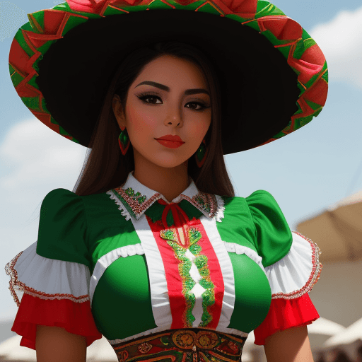 AI generated: BEAUTIFUL MEXICAN WOMAN, WEARING A MEXICAN FLAG BLOUSE ON HER SHOULDERS AND A CHARRO HAT
