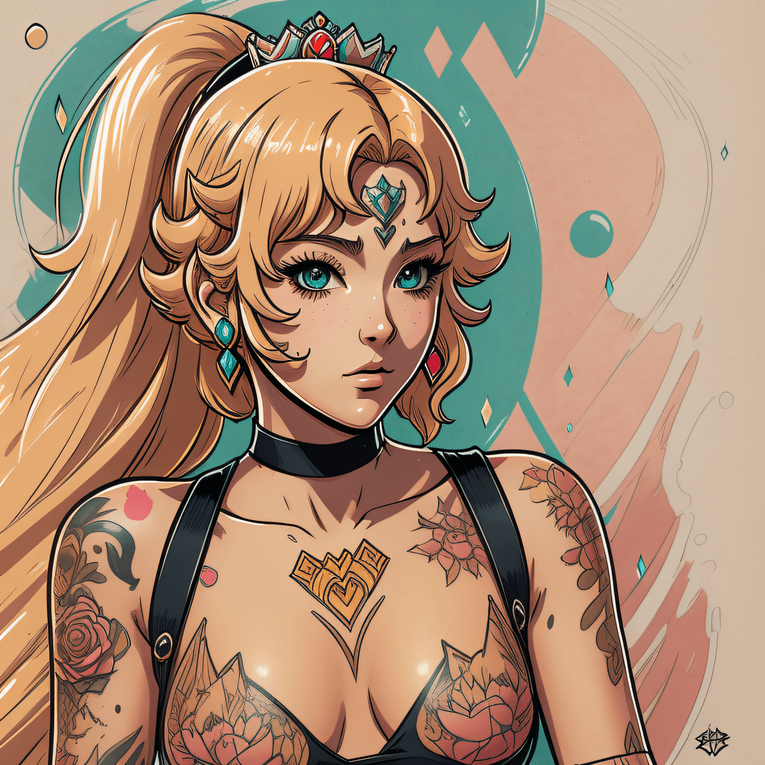 AI generated: Princess Peach of Supermario, Female Character, Aesthetic Pink, Traces Like From Neo Traditional Tat...