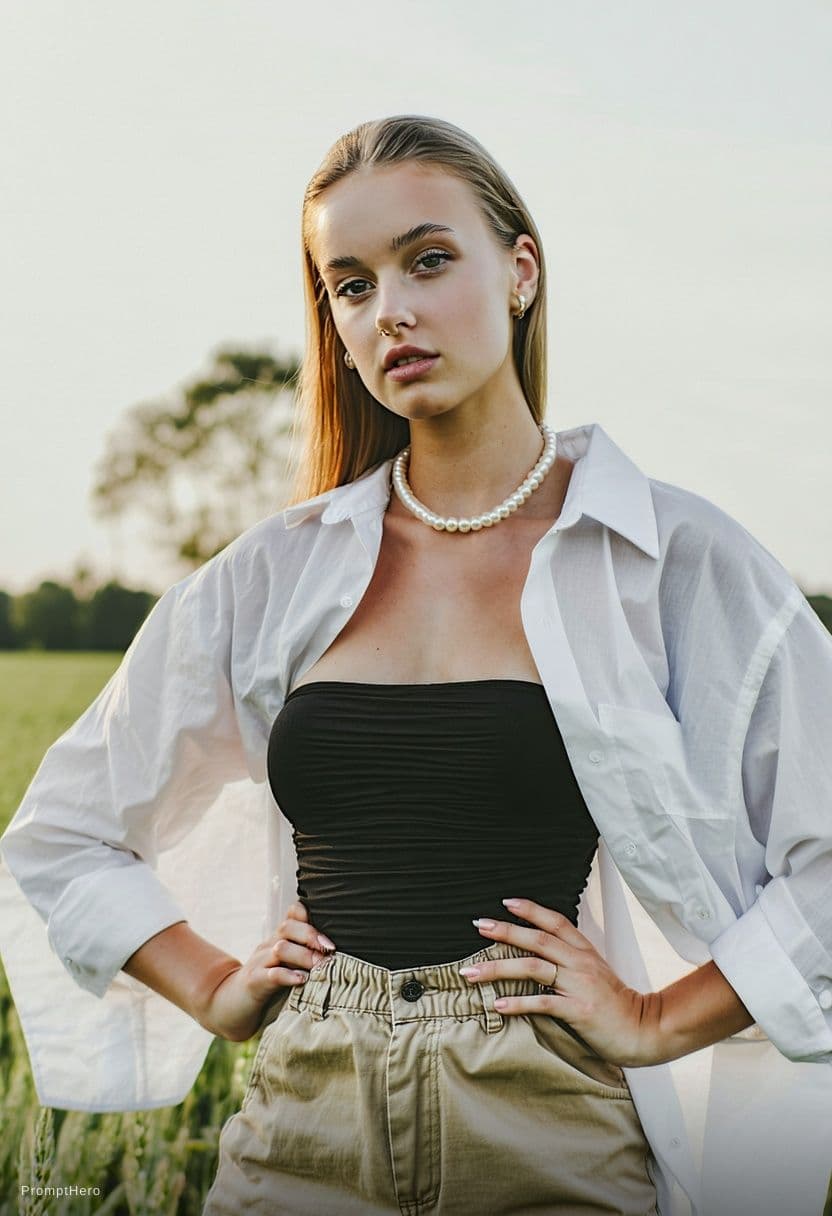 AI generated: The image features a beautiful young woman wearing a white shirt and a pearl necklace. She is standi...