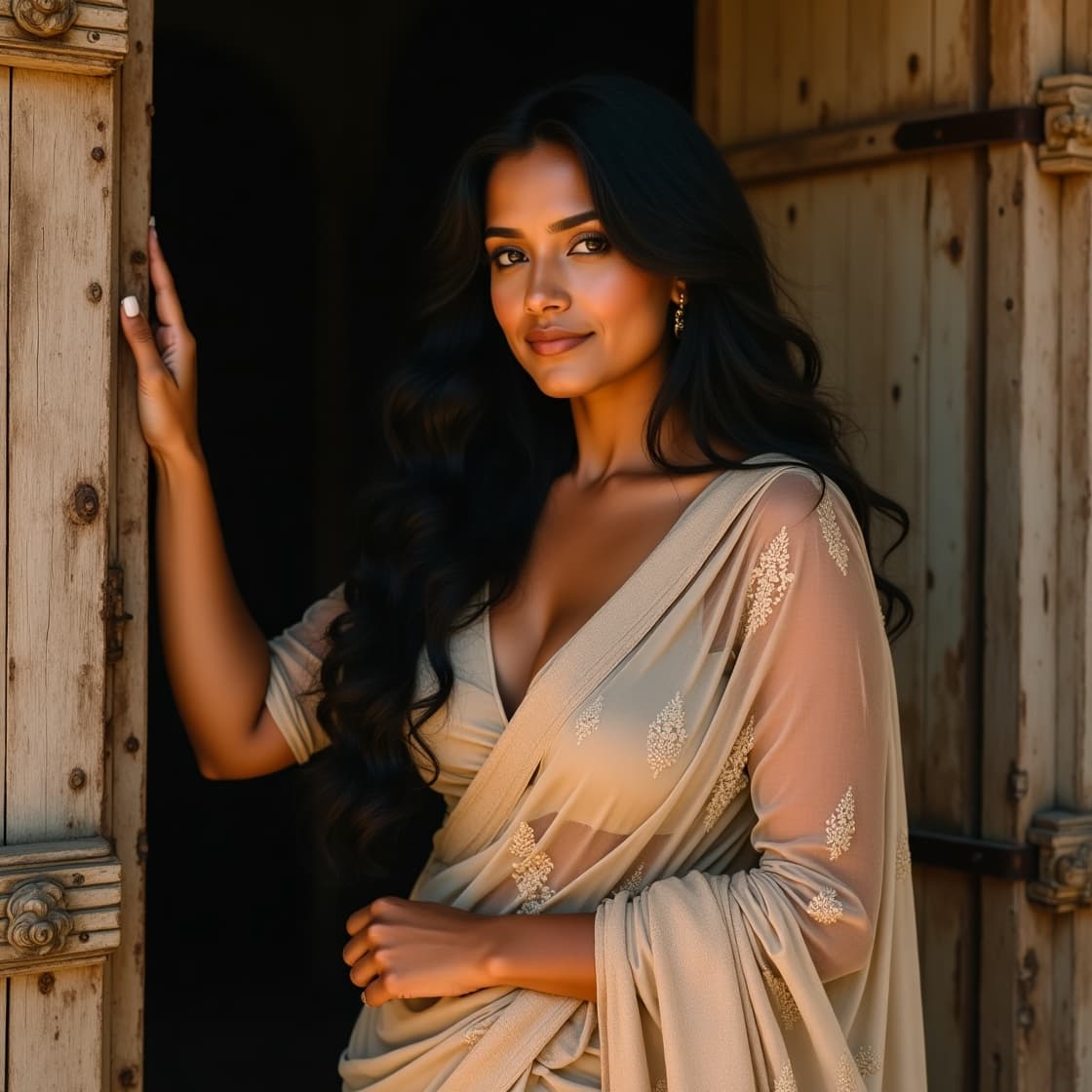 AI generated: A midshot of breathtakingly beautiful, voluptuous Indian woman stands leaning one side alluringly at...