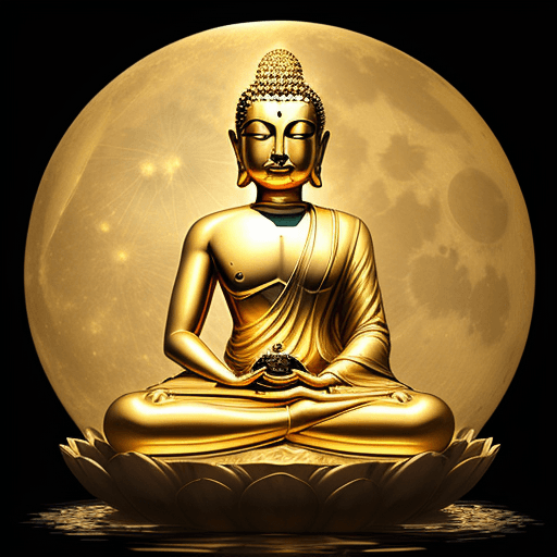 AI generated: beautiful golden image of buddha sitting in water with bright full moon hanging in the sky, in the s...