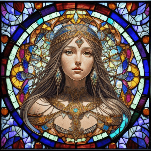 AI generated: stained glass art of goddess, mosaic-stained glass art, stained-glass illustration, close up, portra...