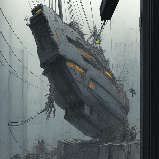 AI generated: a megalithic robot missing its lower half with wires coming out of the bottom being hoisted by a bun...