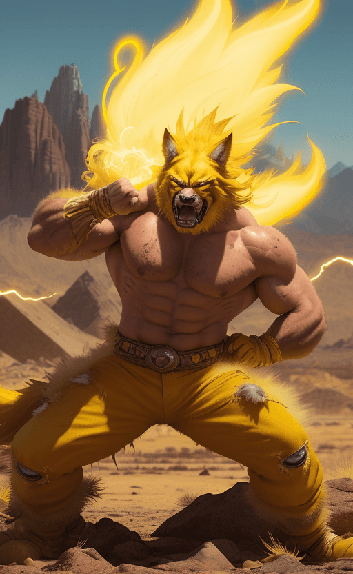 AI generated: Long fur stood up like the flames of a yellow dog warrior, enormous aura bright glowing in a yellow,...
