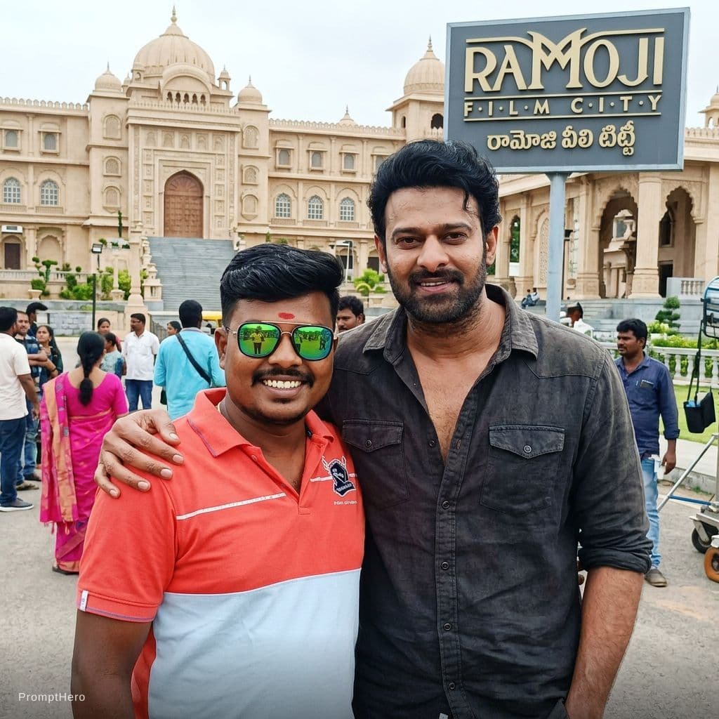 AI generated: Create a image  using my image with rebel star prabhas filim star in(hydrabad ramuji filim city