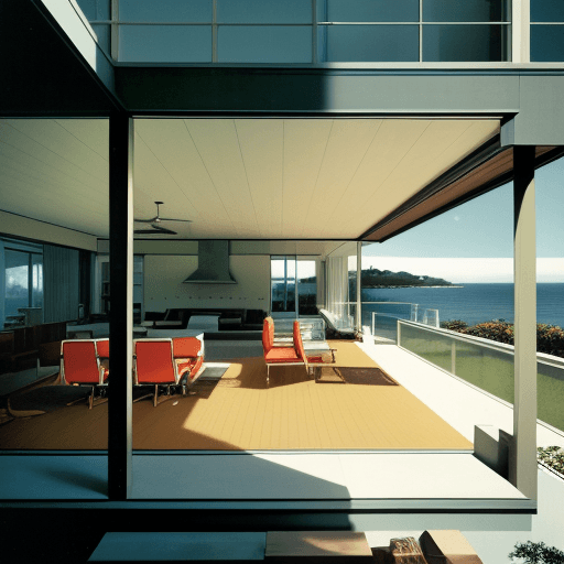 AI generated: Hyper realistic eye level exterior photo of a mid century modern style house overlooking the ocean, ...