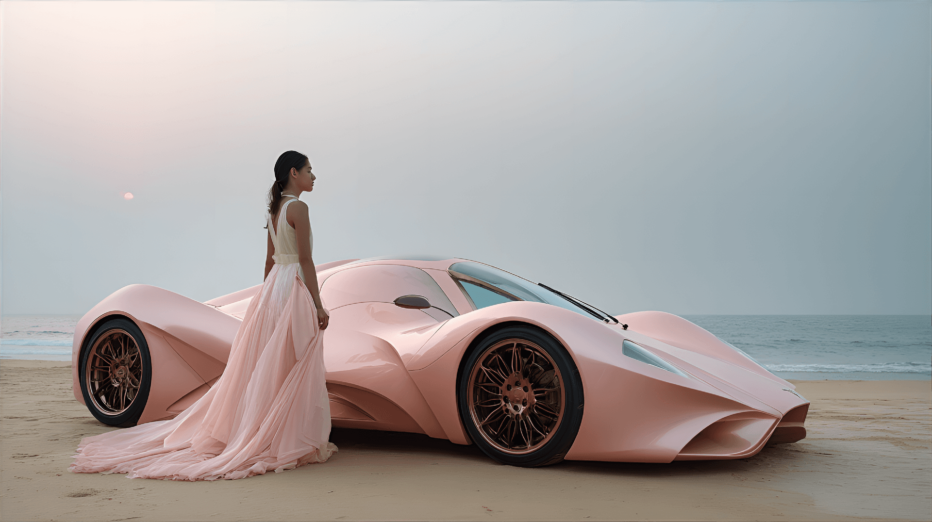 AI generated: fashion photography, feminine supercar design, graceful curves and lines, flowing, delicate, pink, b...