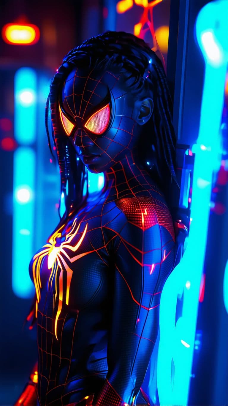 AI generated: Spiderwoman with Power to change reality, neon lights on costume, neon glowing, ultra realistic, 8k,...