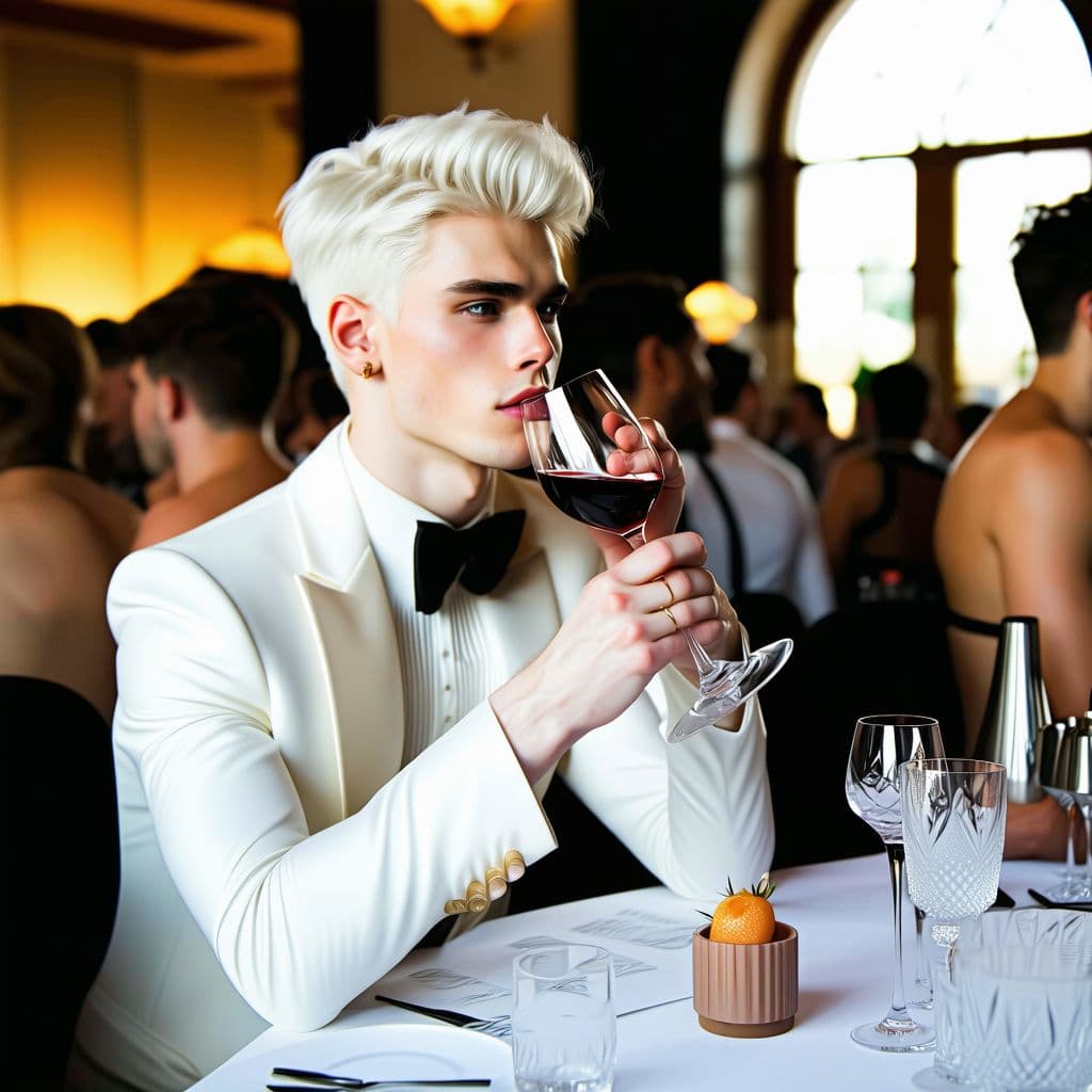 AI generated: white gay queeen sipping on a glass of wine while being on a cocktail course for beginners together ...