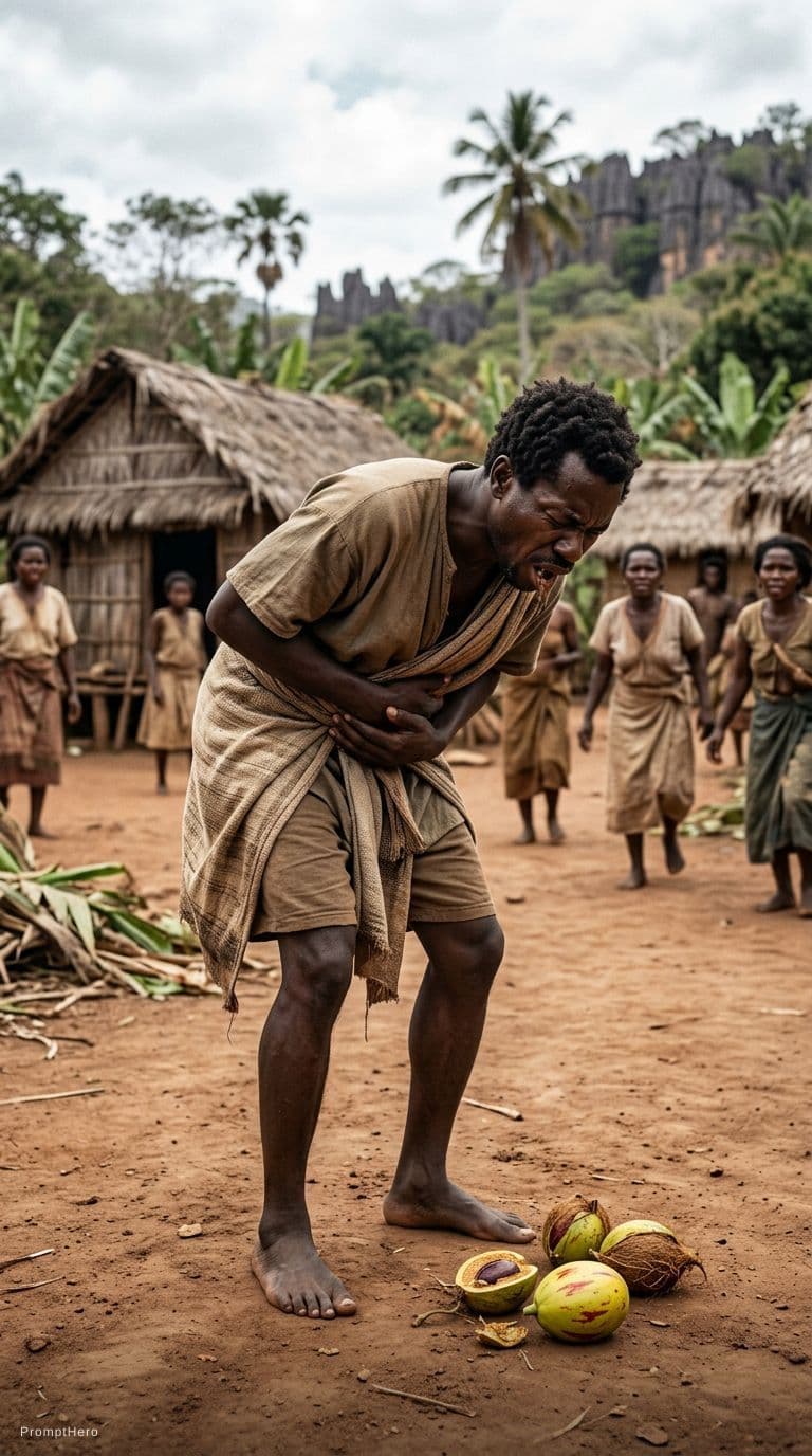 AI generated: 1829 Madagascar ancient outdoor background black man eat poison nut starts vomiting.