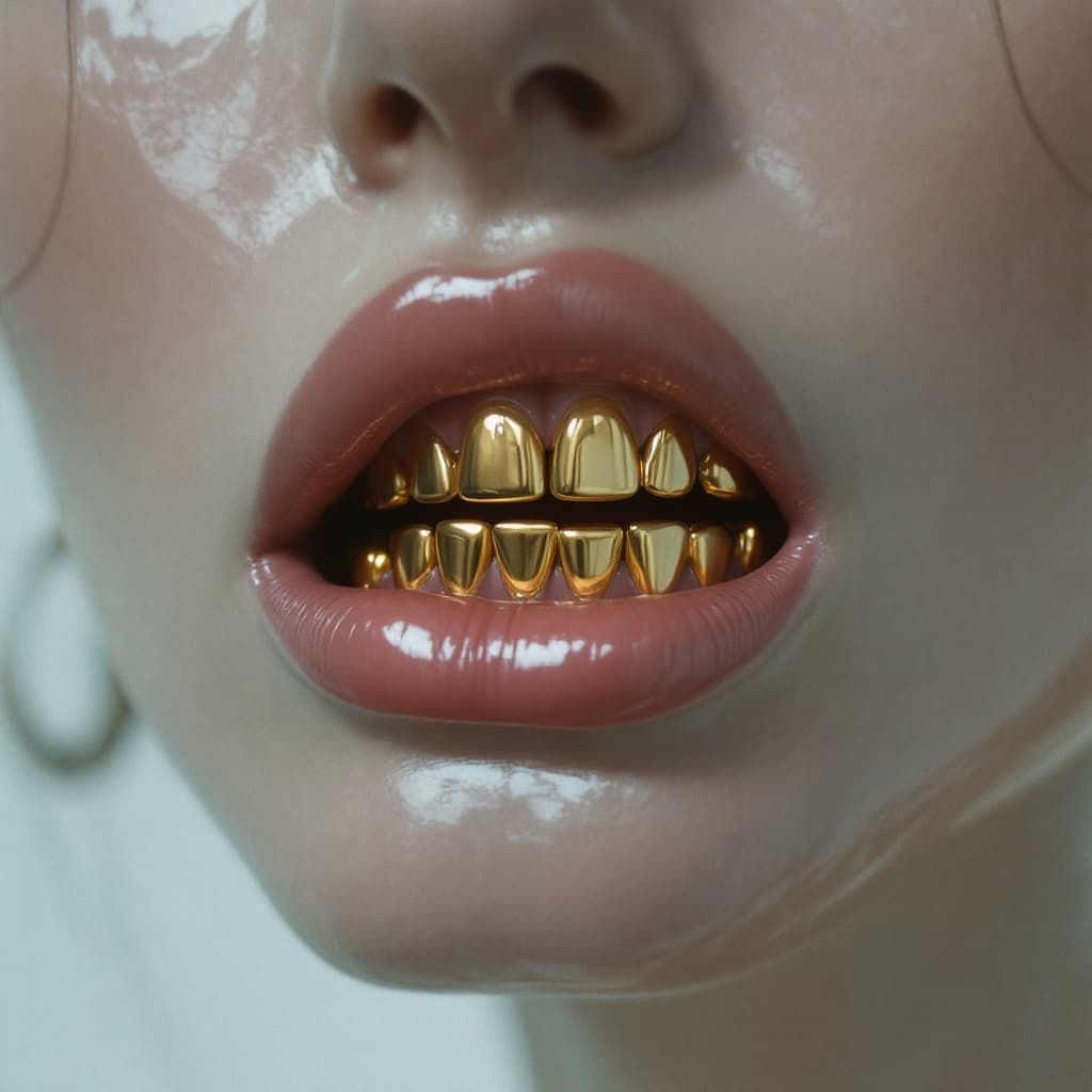 AI generated: a woman with a large jaw and gold teeth, in the style of futuristic minimalism, restrained forms, da...