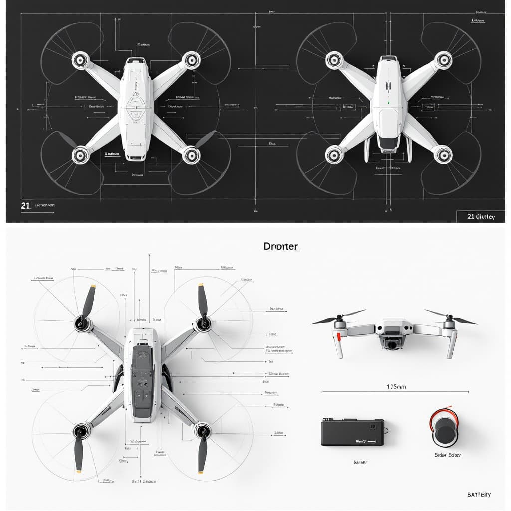 AI generated: 21.	“Background image of technical drone schematics, quadcopter top and side views, labeled sensors ...