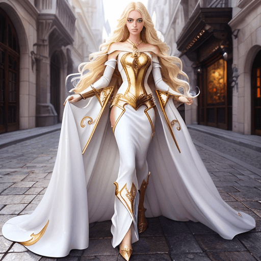 AI generated: woman in a white dress with gold accent, young female wizard cosplay,long blond hair, perfect face, ...