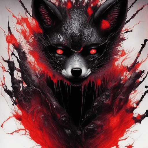 AI generated: fox with black fur, covered with blood , demonic eyes, dark and gloomy, glowing vibrant eyes of fire...