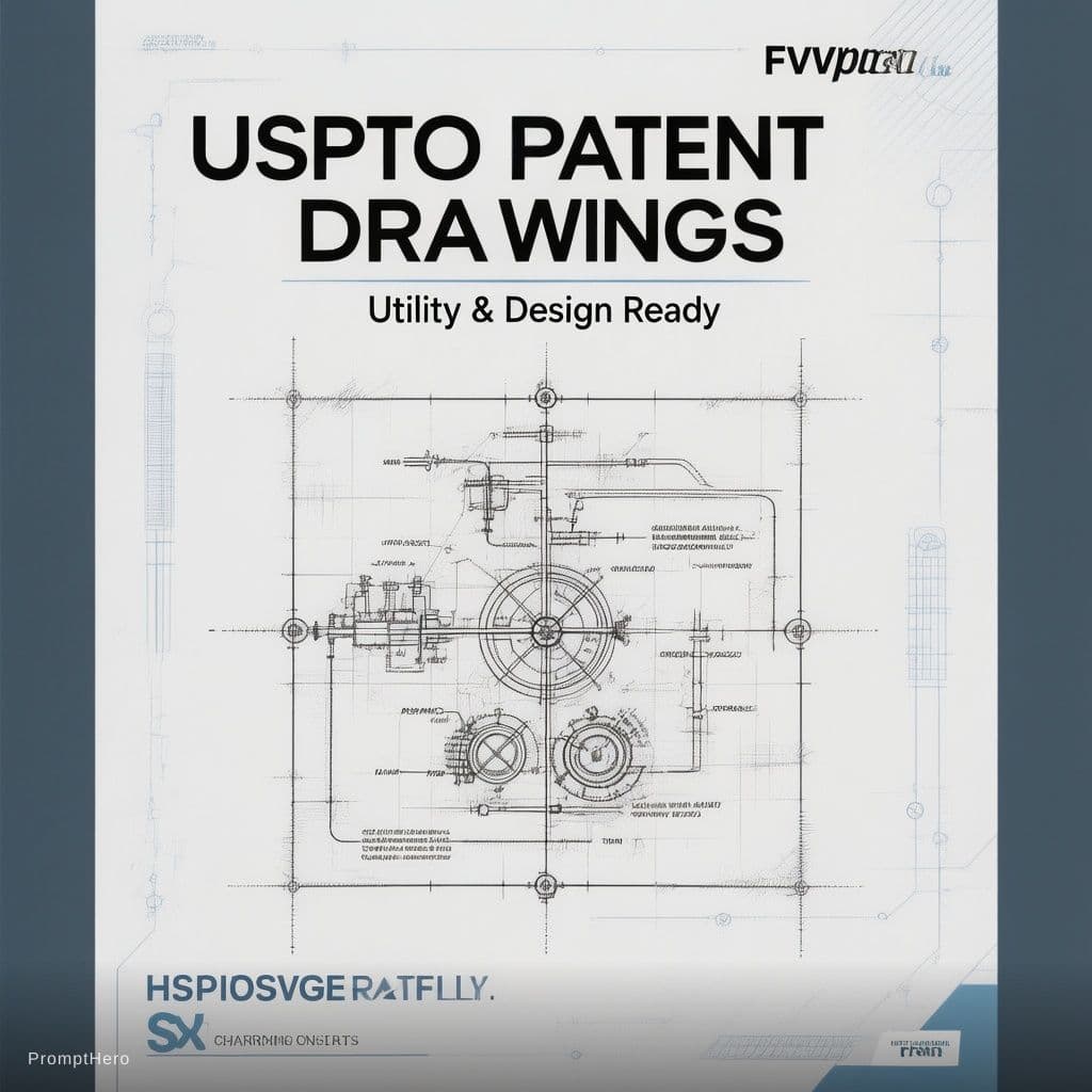 AI generated: Create a clean, modern, professional Fiverr gig thumbnail for “USPTO Patent Drawings”.
Use a white o...