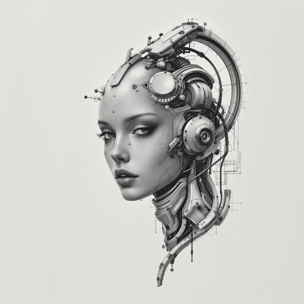 AI generated: This artwork shows a female cyborg, blending human features with complex mechanical elements, illust...
