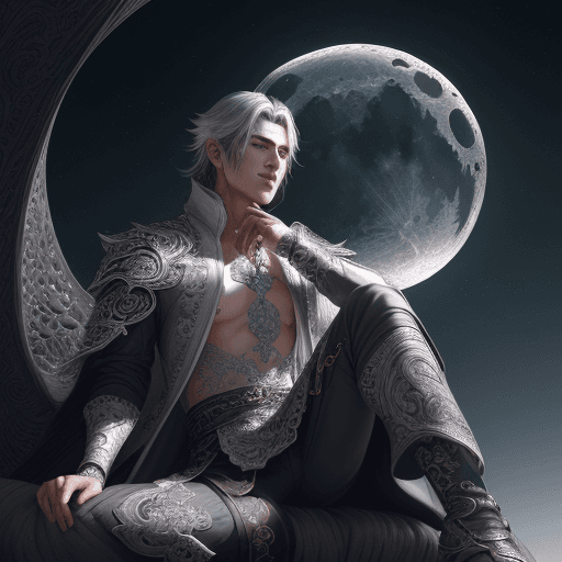 AI generated: Handsome detailed face, detailed digital illustration, gorgeous man sitting on silver_ornatrs_cresce...
