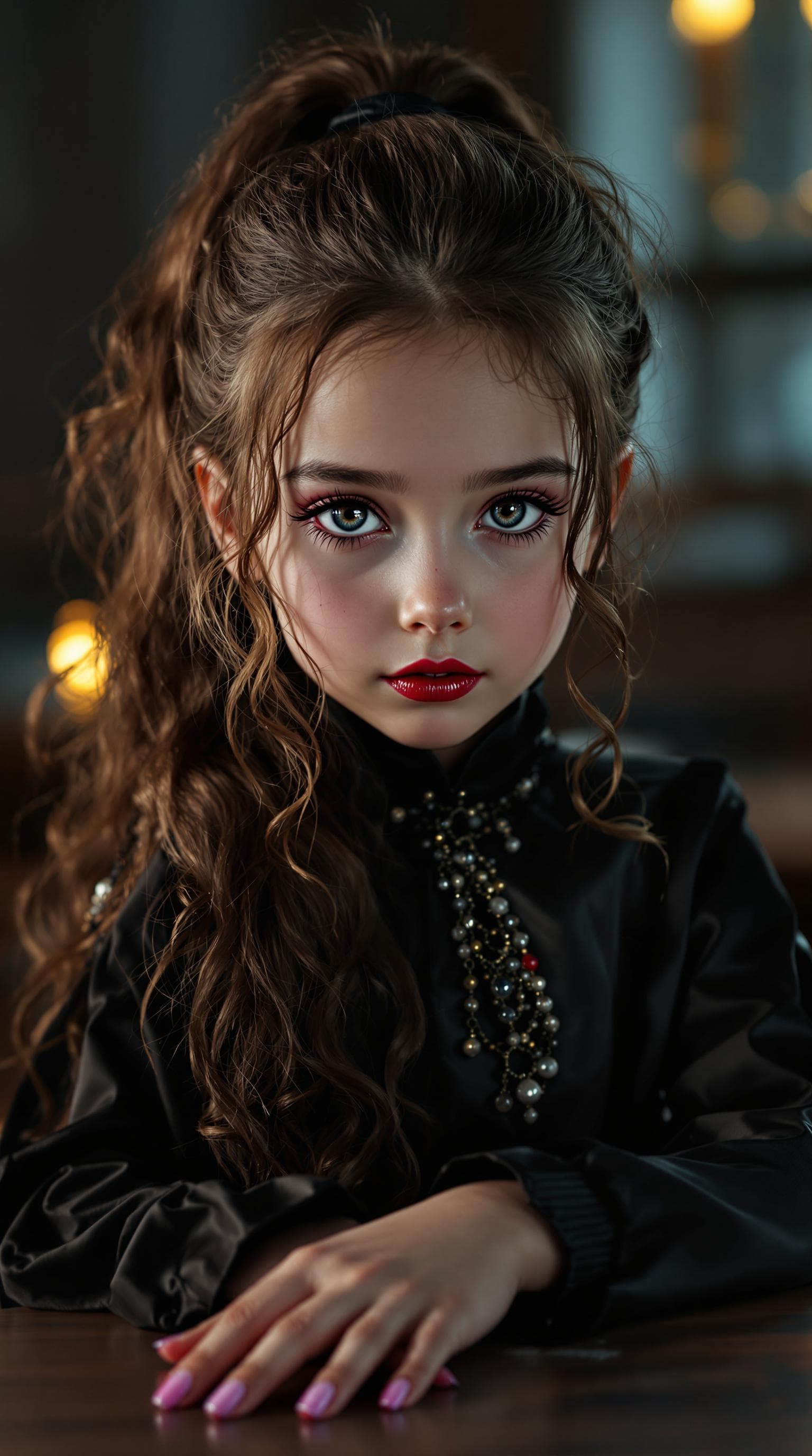 AI generated: a professional photo of a exceptionally beautiful girl in the world (age 9), of a evil girl, in a hi...