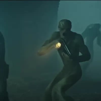 AI generated video: In the ruined Chernobyl Nuclear Station, after an explosion in the core of the ruins, a scavenger gu...