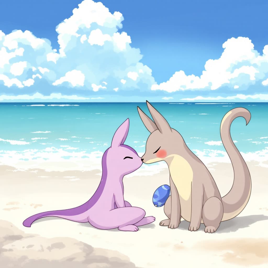 AI generated: Renamon, Loona, kissing, naked, beach, alone,