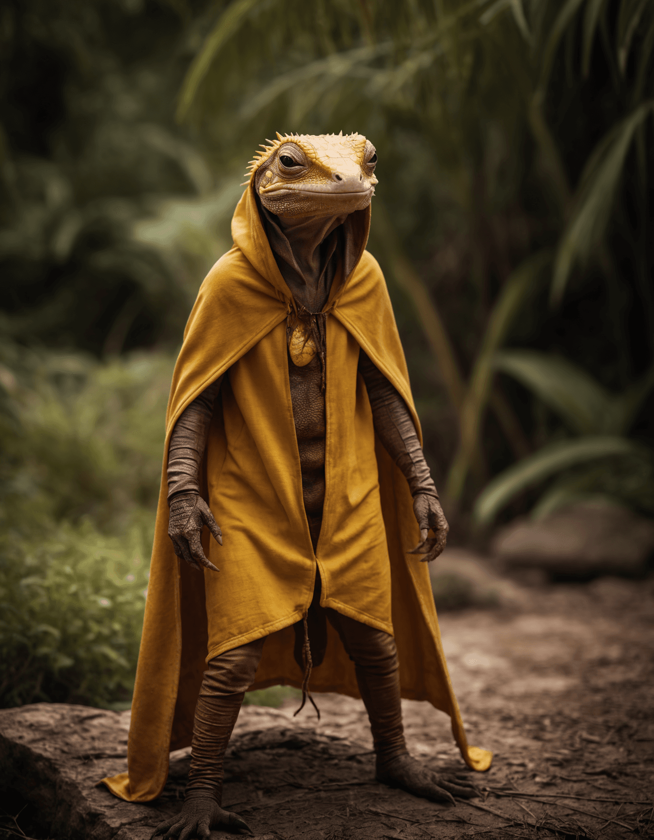 AI generated: cinematic film still awardwinning photo cute yellow Iguana, rust, epic, wearing cultist cloak, full ...