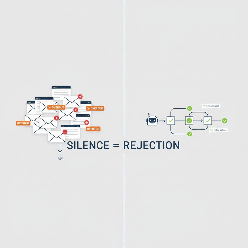 AI generated: Create a minimalist split-screen business illustration. Left side: cluttered email inbox with red no...