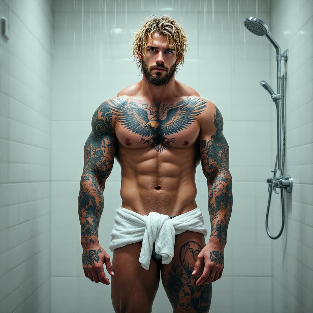 AI generated: Distant view, full body view head to toe, tall toned jock, blue eyes, wavy blond messy hair, lots of...
