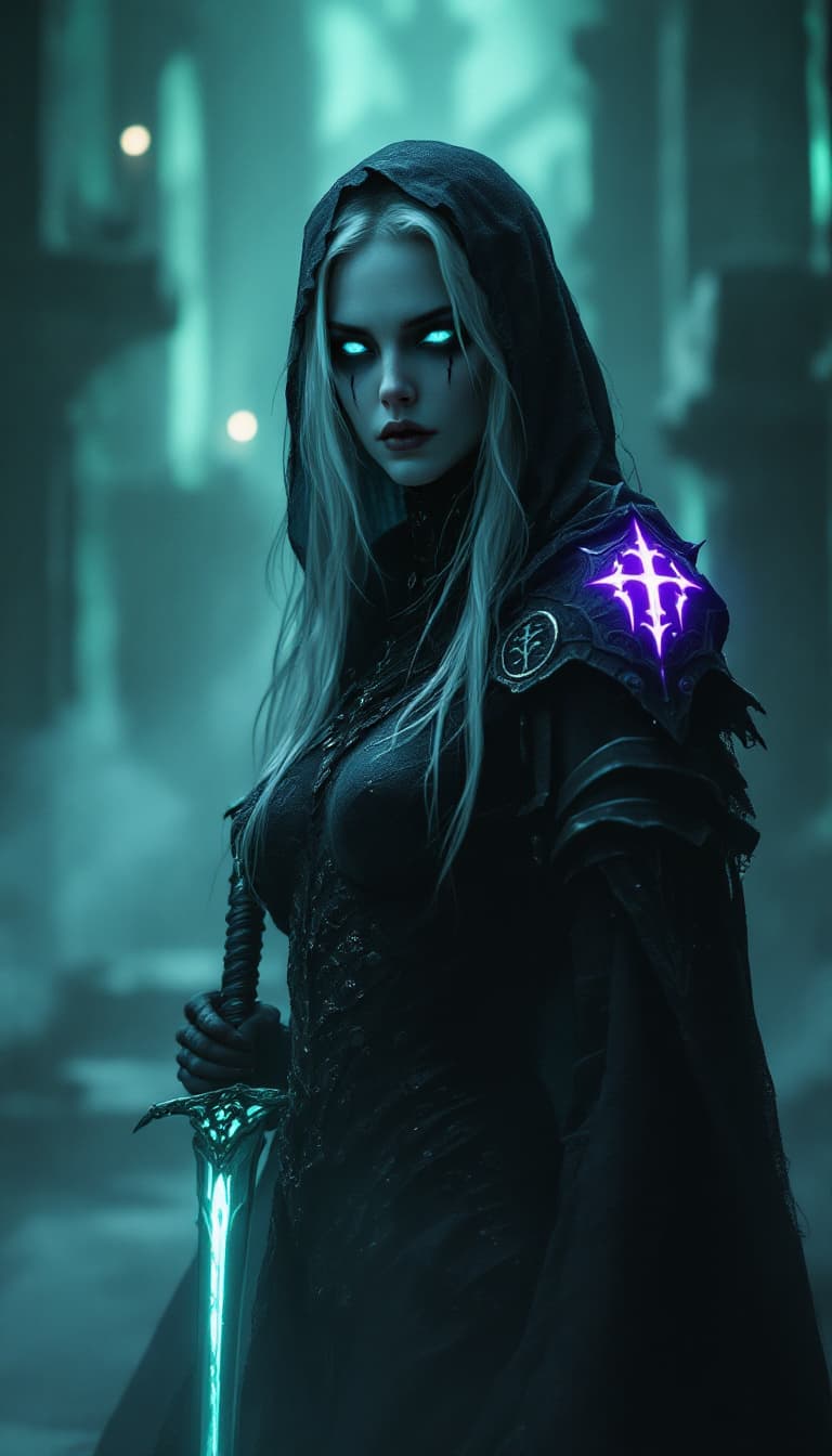 AI generated: A cinematic digital artwork featuring a stealthy, female spectral assassin in a poised yet watchful,...