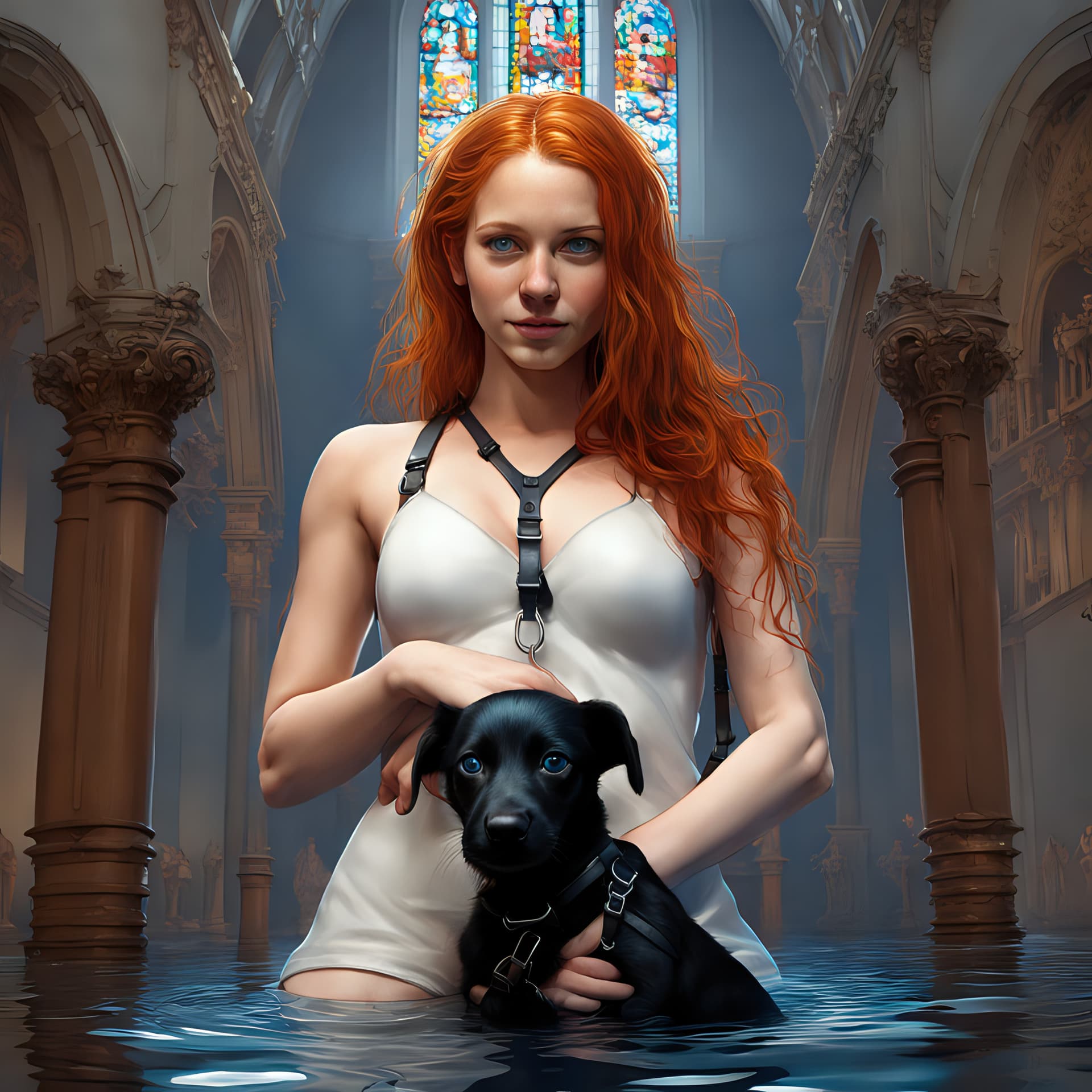 AI generated: perfect masterpiece, beautiful smiling naughty young woman (ginger hair, light skin, blue eyes) who ...