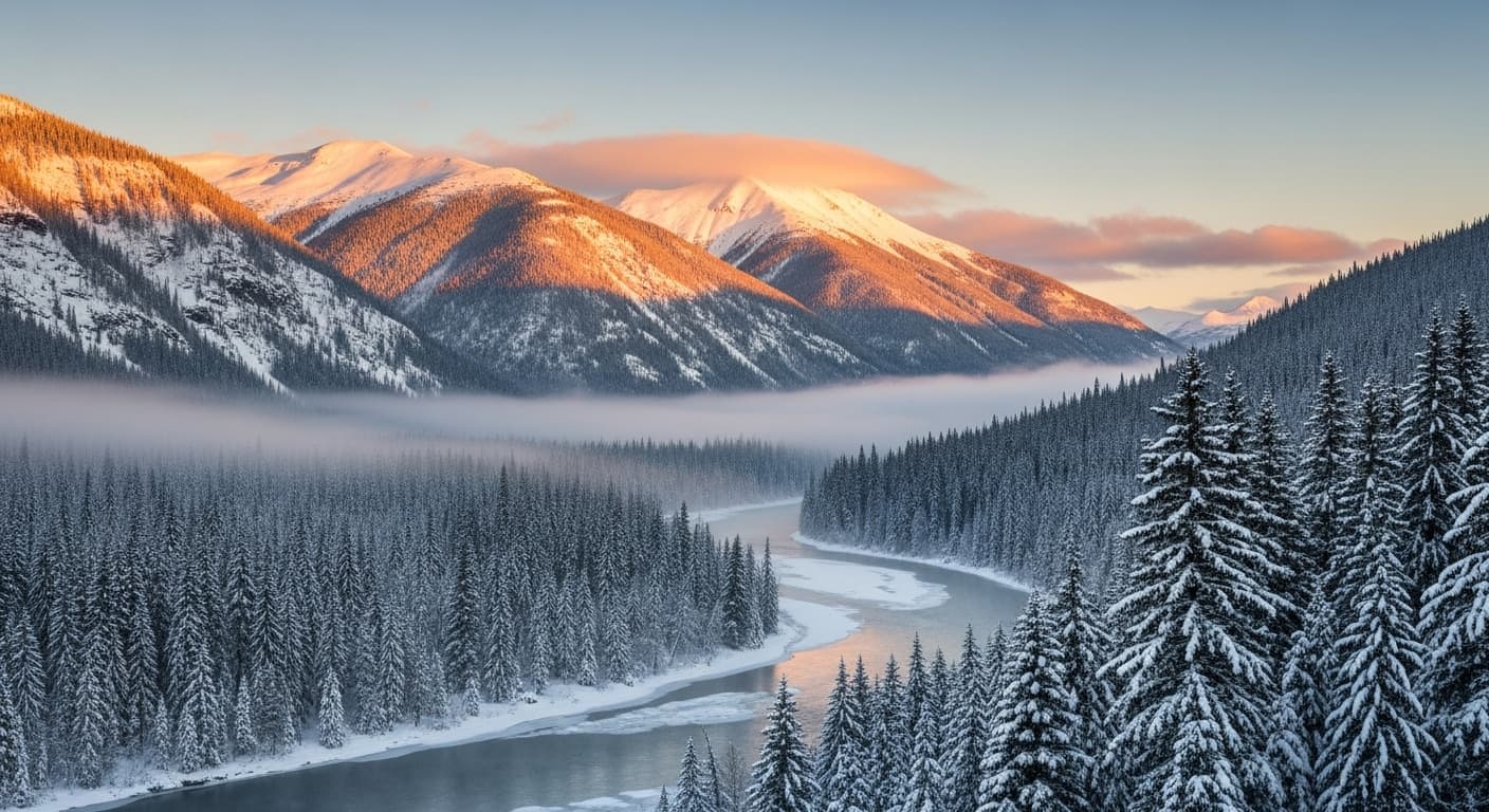 AI generated: A realistic, high, wide-angle panoramic photograph of snow covered mountain range and river valley a...