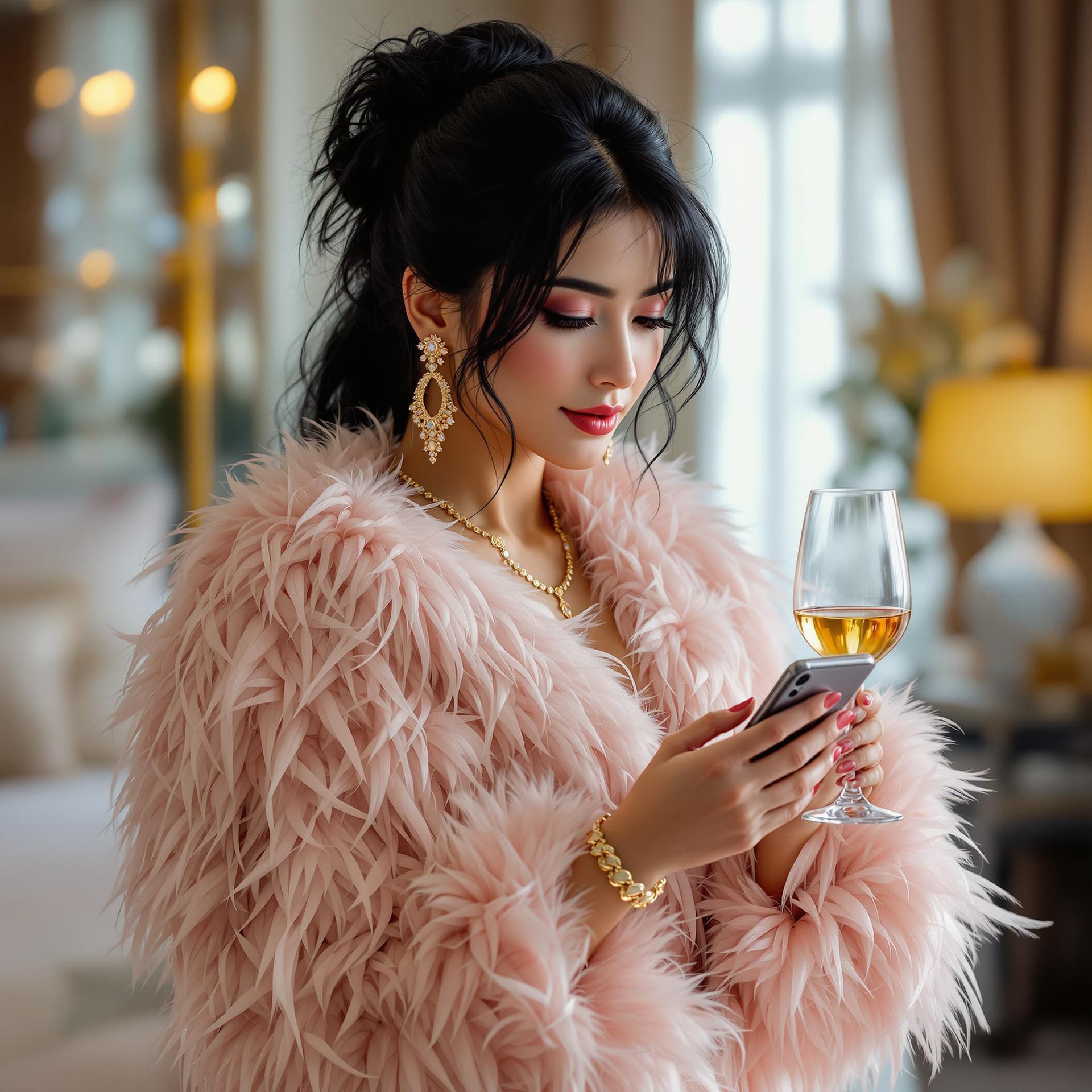 AI generated:  in a 1990s soap opera, a glamorous alluring  Asian , black messy bouffant hair, exquisite makeup, e...