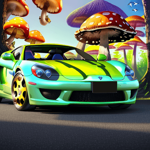 AI generated: sport car, mushrooms, marijuana, trees, smiley face sun, clear sky, colorful birds, colorful, high r...